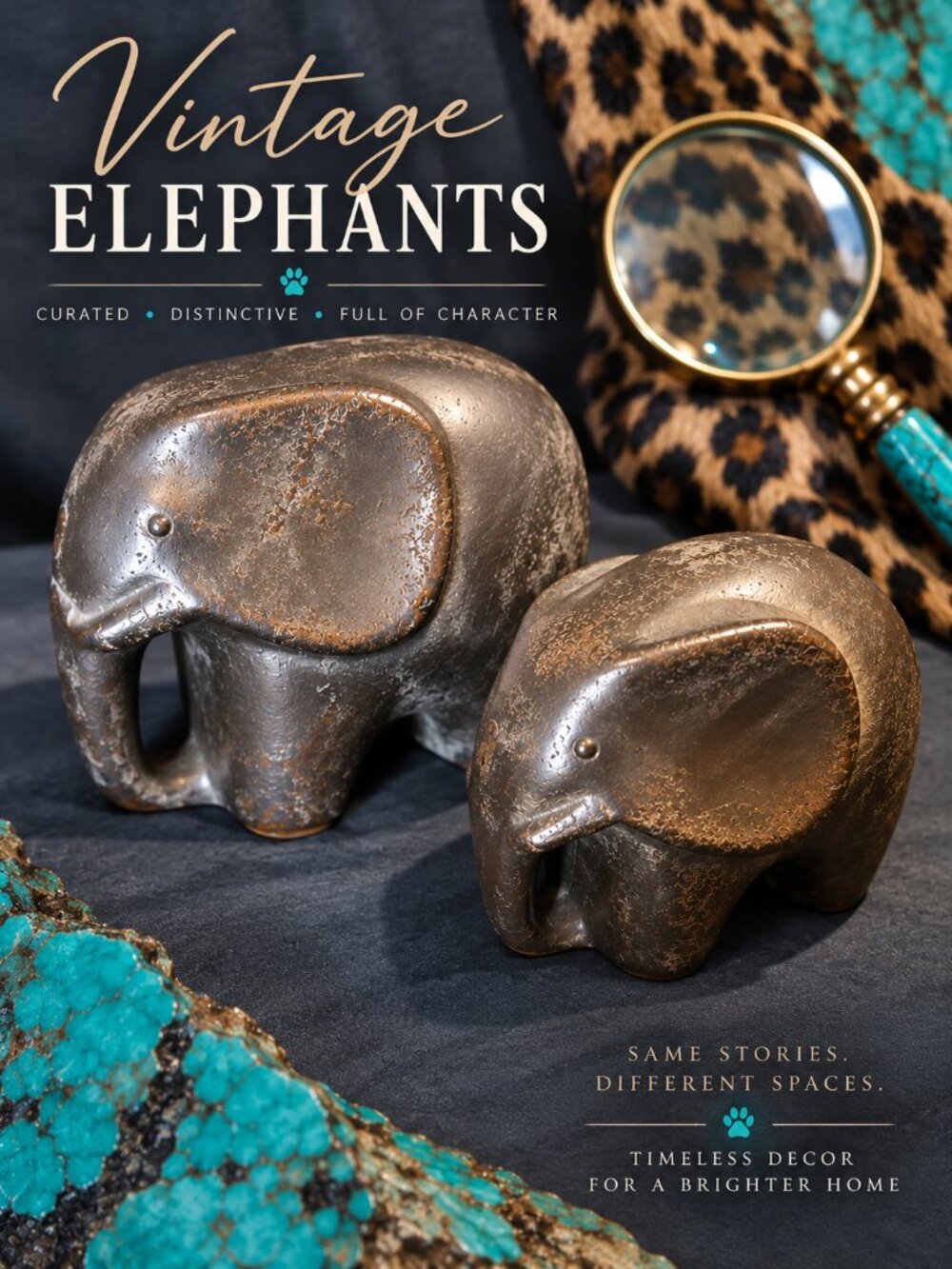 Set of 2 Ceramic Elephant Figurines Distressed Bronze Slate Boho Home Decor